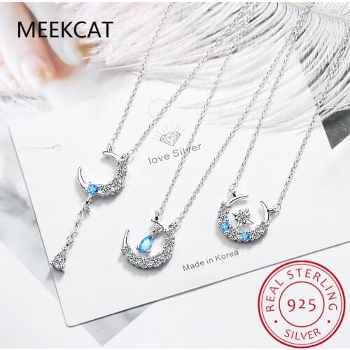MEEKCAT Star Moon Tassel Pendant Blue Crystal 925 Sterling Silver Clavicle Chain Female Necklace Colar de Prata SNE416