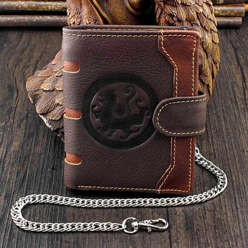 Mens Dragon Vintage Leather Wallet Biker Card Holder Purse With Chain Brown