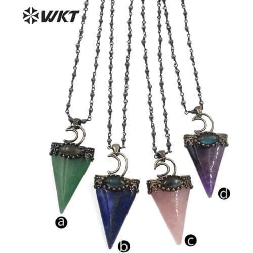 WT-N1182 WKT Natural Stone Necklace Triangle＆Moon Necklace Green Aventurine/Lapis/Crystal Necklace Hematite Beads Chain Jewelry