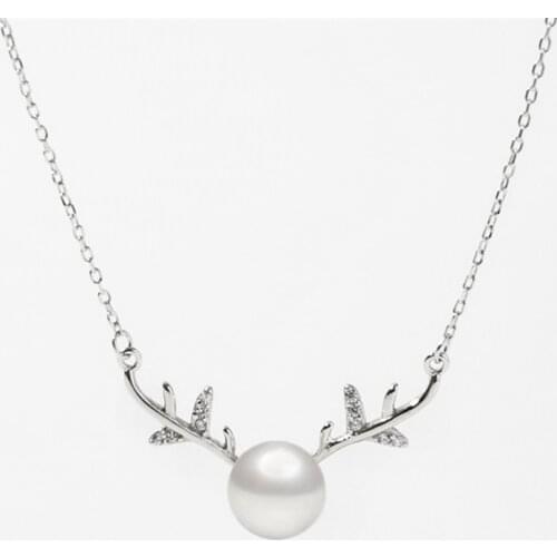 Sole Memory Cute Christmas Gift Pearl Antler 925 Sterling Silver Clavicle Chain Female Necklace SNE500