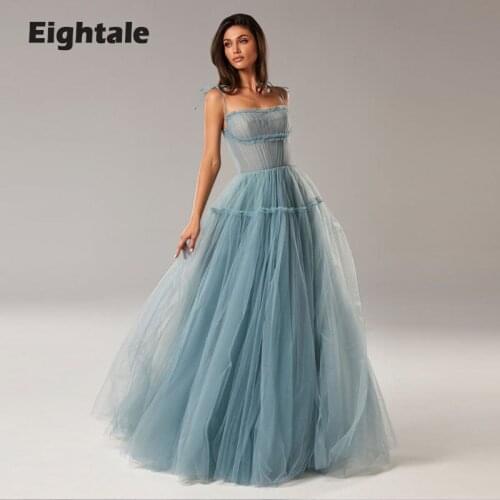 Eightale Baby Blue Prom Dresses Spagehtti Strap Ruffled Long Elegant Evening Dress Tulle Celebrity Party Gown for Graduation