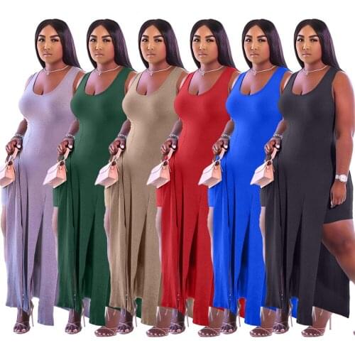 Casual Plus Size Women Clothing 3xl Pure Color Sexy Sleeveless Splits X-long Summer Stretch Shorts Sets Wholesale Dropshipping