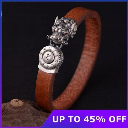Real 925 Sterling Thai Silver Mens Bangle Six-character Mantra Lucky Pixiu Leather Rope Fine Jewelry Vintage Religious Gifts
