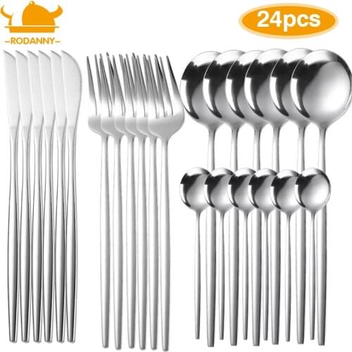 Rodanny 24pcs Tableware Set Fork Spoon Knife Kitchen Cutlery Set Stainless Steel Dinnerware Dinner Set Spoon and Fork Set