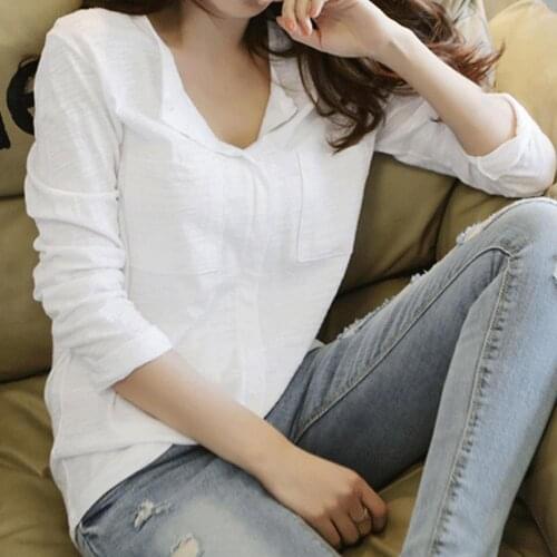 3XL Women Autumn Casual Solid Color V Neck Shirt Pockets Slub Cotton Loose Blouse For Female Slim Top Woman T shirts Clothing