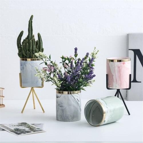 Chic Ceramic Floral Jars with Gold Metal Stand Mini Desktop Flower Vase Vogue Pen Holder European Minimalist Storage Jar