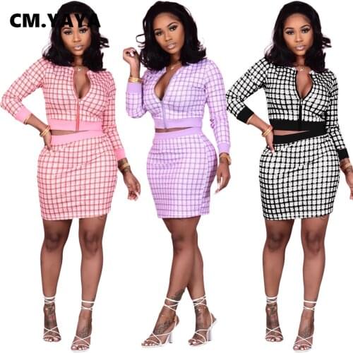 CM.YAYA Activewear Plaid Women Long Sleeve Jackets Bodycon Midi Mini Skirts Suit Two Piece Set Vintage Matching Set Dress