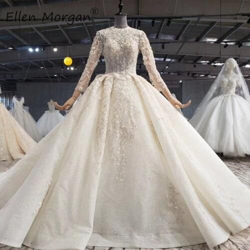Vintage Muslim Long Sleeves Lace Wedding Dresses Princess Boat Neck Beads Custom Made 2020 Puffy Long Sleeves Bridal Gowns