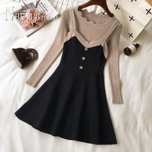 Knitting Sweater And Spaghetti Strap Dress Women Sets Winter Female Bottoming Sets