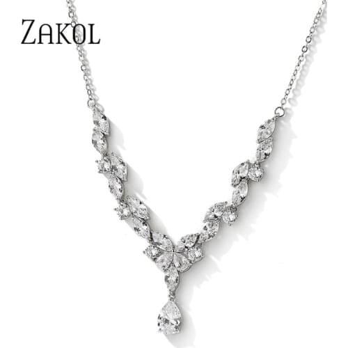 ZAKOL Luxury Exquisite Water Drop Cubic Zircon Leaf Chain Choker Necklaces for Women Fashion Bridal Wedding Party Jewelry NP2264