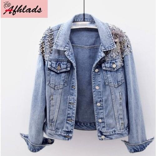 2020 Spring And Autumn Korean Long-Sleeved Turn-Down Collar Denim Jacket Beaded Casual Slim Female Denim Jacket Outerwear