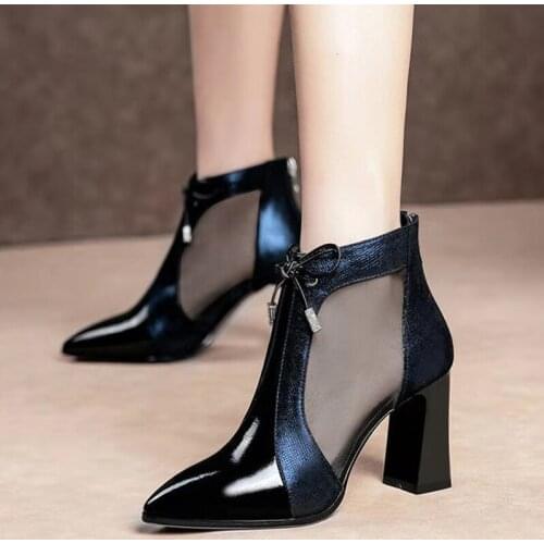 Womens PU Leather Zipper Square Heels Ankle Boots Ladies Wire Mesh Boots Female Fashion Woman Shoes