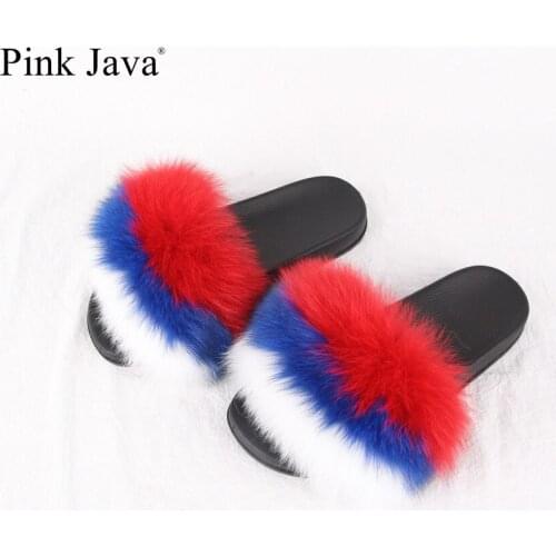Pink java summer women shoes real fox fur slipper luxury indoor slides flats fluffy big fox sandals home slipper customized