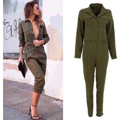 Women Jumpsuit Sexy Bodycon Party Lapel Long-sleeved Playsuit Trousers Stylish Army Green Rompers