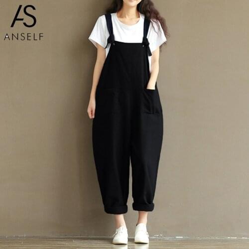 Anself Women Loose Jumpsuit Overalls Female Sleeveless Plus Size Suspender Trousers Pockets Wide Leg Casual Dungarees Rompers