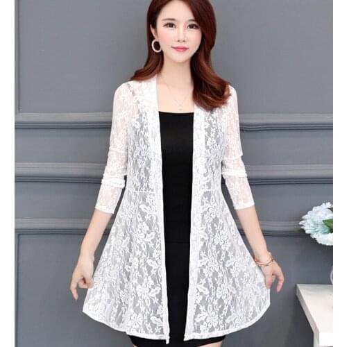 Summer Lace Cardigan Coat Women Long Sleeve Shawl Coat Thin Sun Protection Clothing Hollow Solid Female Plus size 5XL Tops