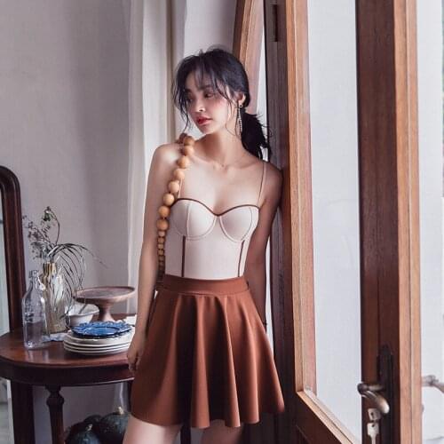 Swimsuit Female Womens Beachwear Push Up Swimwear 2021 One Piece Two Sexy Ins Hot Bathing Suits Skirt Little Print Polyester