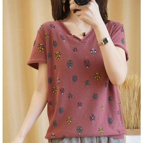 Womens Pullover Vintage Pattern Short Sleeve Casual Sweater Coat Ladies V-neck Loose Plus Size Knit Jumper Summer Chic T-shirt