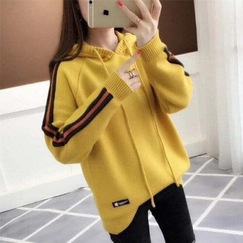 2021 Fashion Korean Plus Size Hooded Pullover Women Sweaters Spring Autumn Letter Long Sleeve Loose Yellow Warm Knitted Jumper