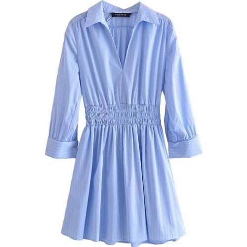 New Women Striped Shirt Dress Vogue V-neck Elastic Waist Long Sleeves Casual Short Dresses Woman Robe