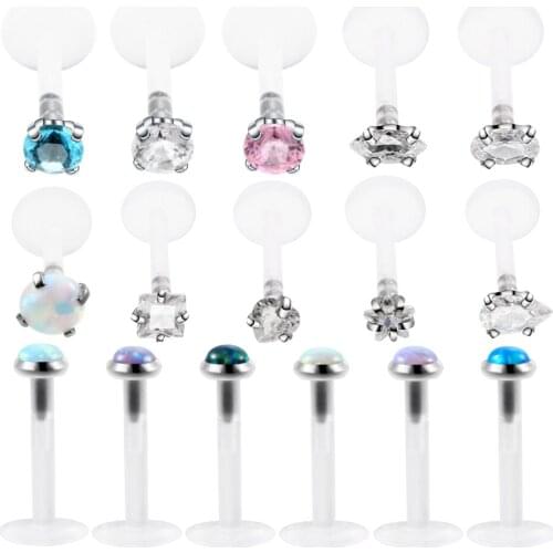 1PC Fashion Crystal Zircon CZ Steel&PTFE Labret Lip Bar Rings Labret Piercing Opal Ear Cartilage Tragus Sexy Girls Jewelry 16g