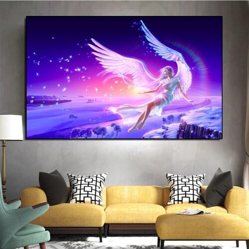 Abstract Angel Wings Girl with Sacred Halo In The Snow Canvas Art Prints Modern Wall Painting Poster on The Living Room Wall