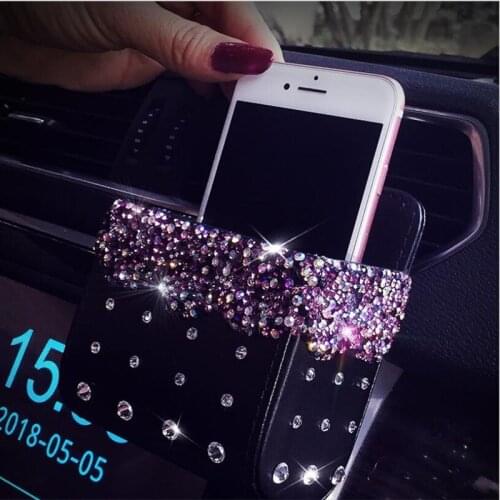 Car air outlet storage bag barrel storage box rhinestone car mobile phone holder storage bag hanging sundries bag