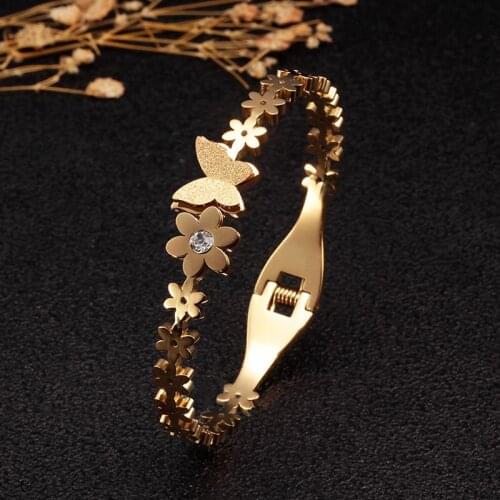 Fashion Sweet Flower Women Female Charm Cuff Bangles Stainless Steel Gold Plating Wedding Party Brand Bracelets Jewelry Gift