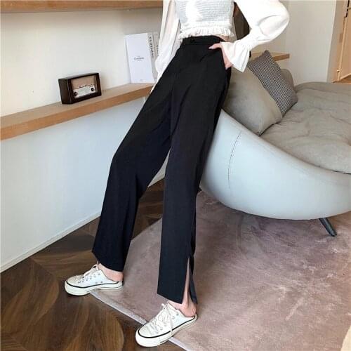 Pants Womens Slit Straight Solid Simple Student Trousers Casual All-match Ulzzang Trendy Harajuku High Waist Pant Comfortable