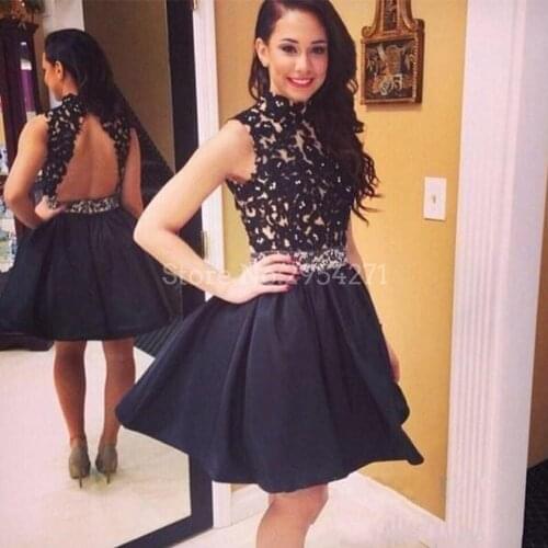 Black Halter Short Prom Dress Lace Crystal Beading Sash Homecoming Dresses Open Back Taffeta Fabric 8 Grade Graduation Dresses