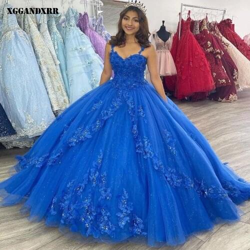 Beautiful Ball Gown Quinceanera Dress 2022 Tulle Appliques Flowers Long Skirt Blue Sleeveless Sweet 15 16 Birthday Custom Made