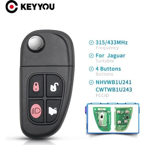 KEYYOU For Jaguar 4 Buttons Remote Car Key 2002-2008 433MHZ 4D60 Chip For Jaguar X-Type S-Type 1999-2009 XJ XJR With Battery