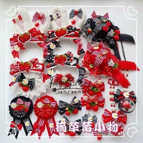 Strawberry Original Handmade Sweet Strawberry KC Hairwear Side Clip Badge Oversleeves Top Hat Rabbit Ear KC Necklace