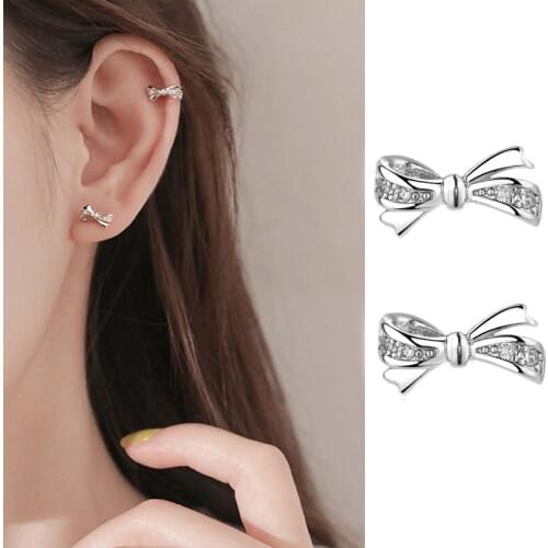 Sweet Korean Fashion 925 sterling silver Bow-knot Zircon Stud Earrings For Women Girl Jewelry Brincos Bijoux pendientes