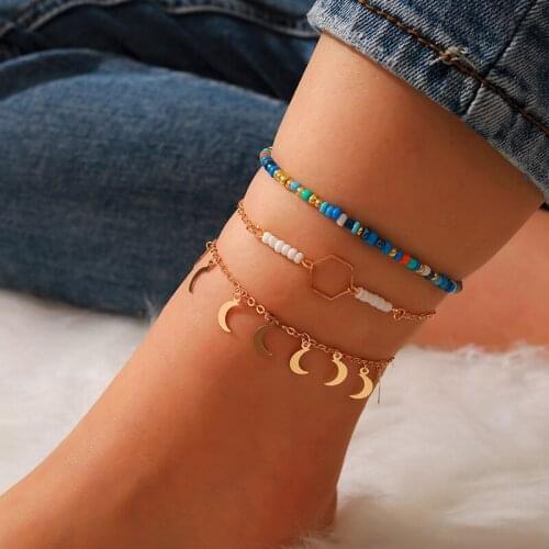 Docona Bohomian Colorful Rhinestone Starfish Seahorse Crystal Beaded Anklet Set for Women Chains Anklet Foot Jewelry C04109