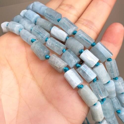 Natural Faceted Gem Aquamarina Stone Beads Cylinder Loose Spacer Beads For Jewelry Making DIY Bracelet Necklace 7x10mm 7.5Inches