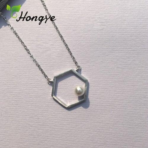 Hongye New Arrival Freshwater Pearl Necklace Geometric Hexagon Silver 925 Collar Jewelry Girls Personalized Pendant Necklace