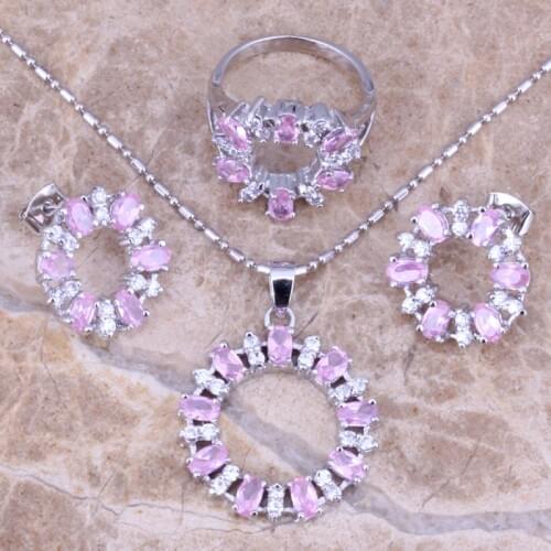 Stunning Pink White CZ Silver Plated Jewelry Sets Earrings Necklace Pendant Ring Size 6 L748