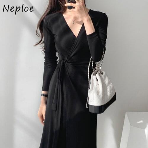 Neploe Sexy V-neck Cross Side Drawstring Dress Chic Split Slim Waist Knit Femme Vestidos 2021 Solid Color A-line Dresses Women