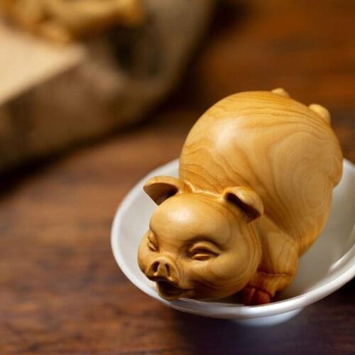Boxwood 7CM Pig Sculpture Animal Lucky Wood Statue Chinese Zodiac Piggy Home Decor