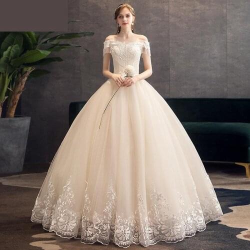 Wedding Dress 2021 Elegant Boat Neck Floor-length Lace Up Ball Gown Princess Luxury Lace Embroidery Beading Wedding Gowns