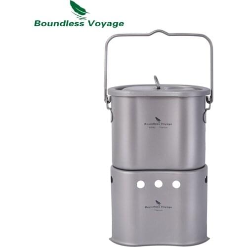 Boundless Voyage Outdoor Camping Titanium Pot Wood Stove set with Folding Handle Hanging Ring 2 in 1 Cup Furnace