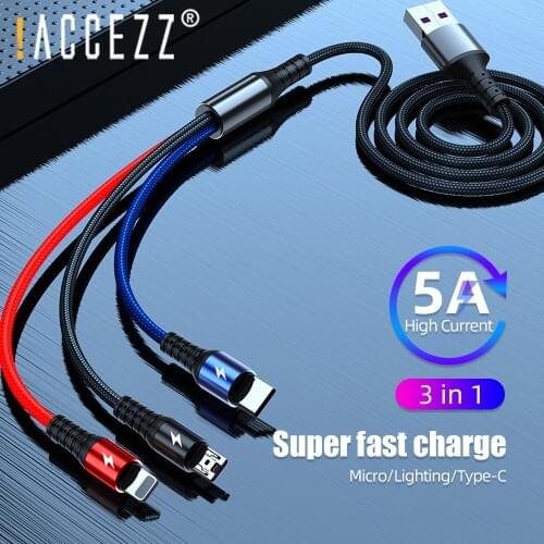 !ACCEZZ 5A Super Charge 3 in 1 USB Cable Fast Charging for iPhone 12 11 Huawei Samsung Xiaomi 8 Pin Micro USB Type C Wire Cord