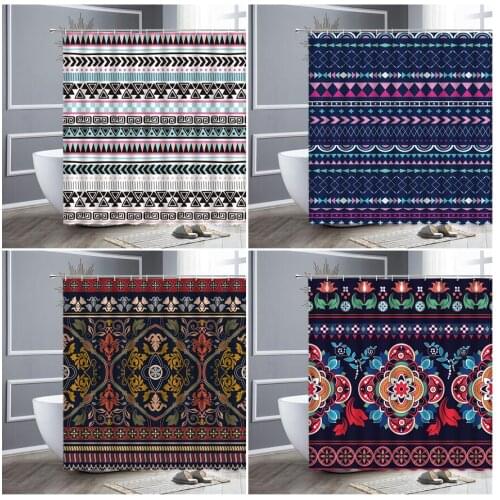 Geometric Pattern Shower Curtain Set Retro Bohemian Ethnic Style Waterproof Bathroom Curtains Polyester Fabric Wall Decor Hooks