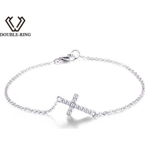 DOUBLE-R Genuine 925 Sterling Silver Cross Bracelets Classic Created white Topaz cross Bracelets Fine Jewelry