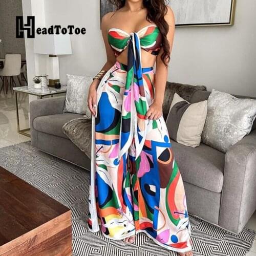 Chic Print Strapless Lace Up Crop Tops & Wide Leg Pants Set Women Summer Two Piece Set