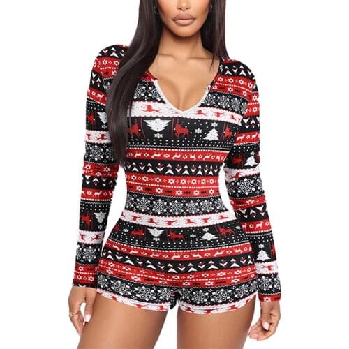 Women Christmas Printed Romper Adults Slim-fit Long Sleeve V-Neck Playsuit Red Blue