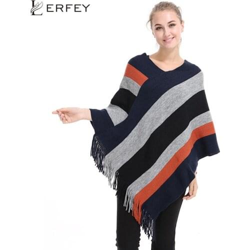 LERFEY Women Oversized Autumn Winter Sweater Ladies Tassels Striped Poncho Long Knitted Pullovers Knit Cape Batwing Coat Tops