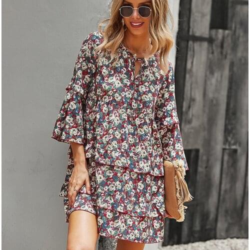 Khalee Yose Floral Printed Mini Dress Autumn Chic Long Sleeve Dresses Women Boho Vintage Chic V-neck Ruffles Tiered Ladies Dress