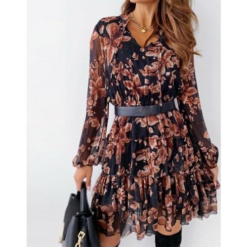 Chiffon Dress Flower Print Women Long Sleeve Spring Ruffles Midi Dress Female Lace-Up Elegant A Line Holiday Party Vestidos 2021